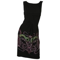 Roberto Cavalli Black S/L Dress W/ Purple/Green Snake Detail