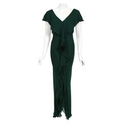 Vintage 1970's Halston Couture Forest Green Silk Chiffon Draped Bias-Cut Gown