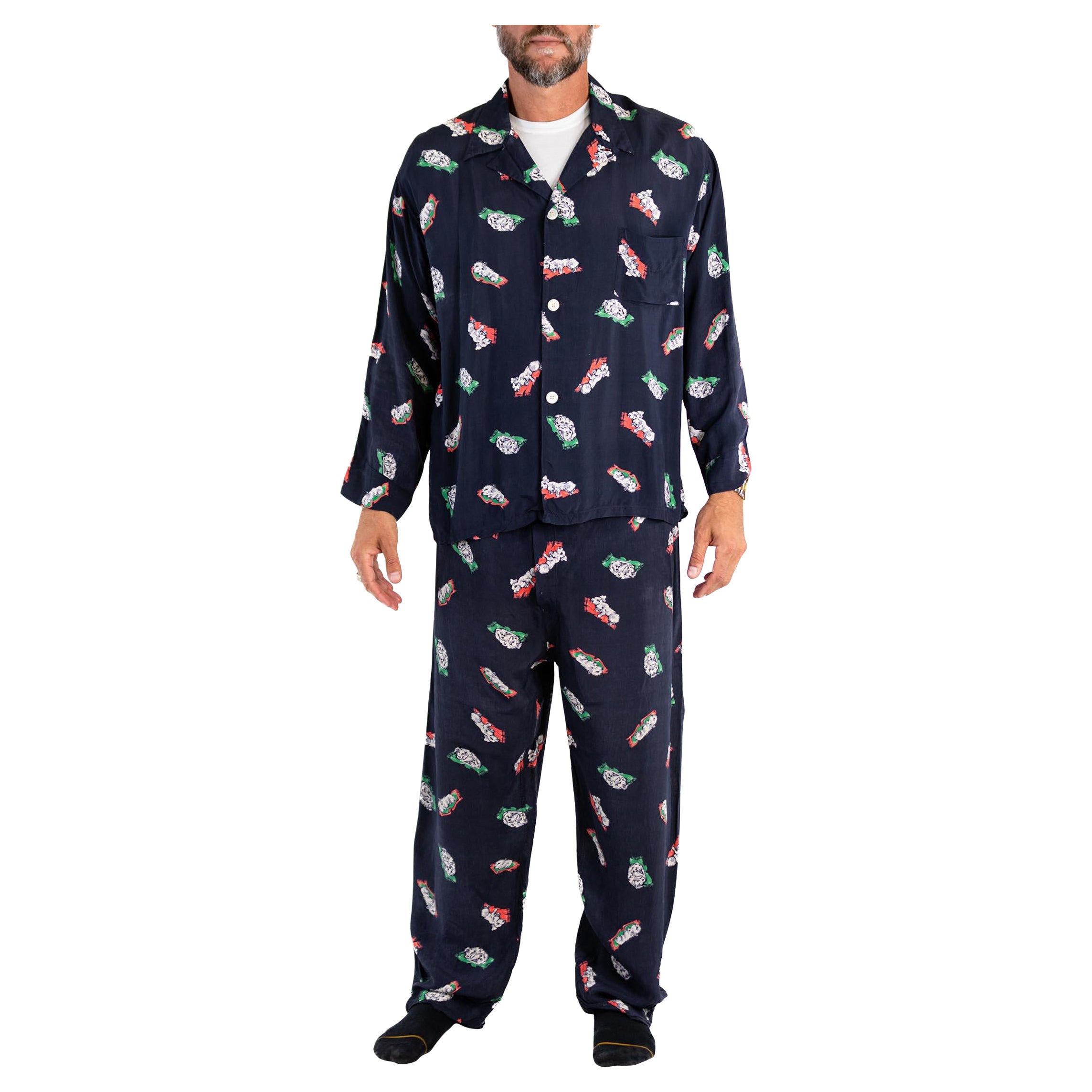 1940S Navy Cold Rayon Let Sleeping Dogs Lie Novelty Print Mens Pajamas For Sale