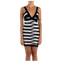 1990S HERVE LEGER Black & White Sequined Rayon Blend Knit Body-Con Cocktail Dre