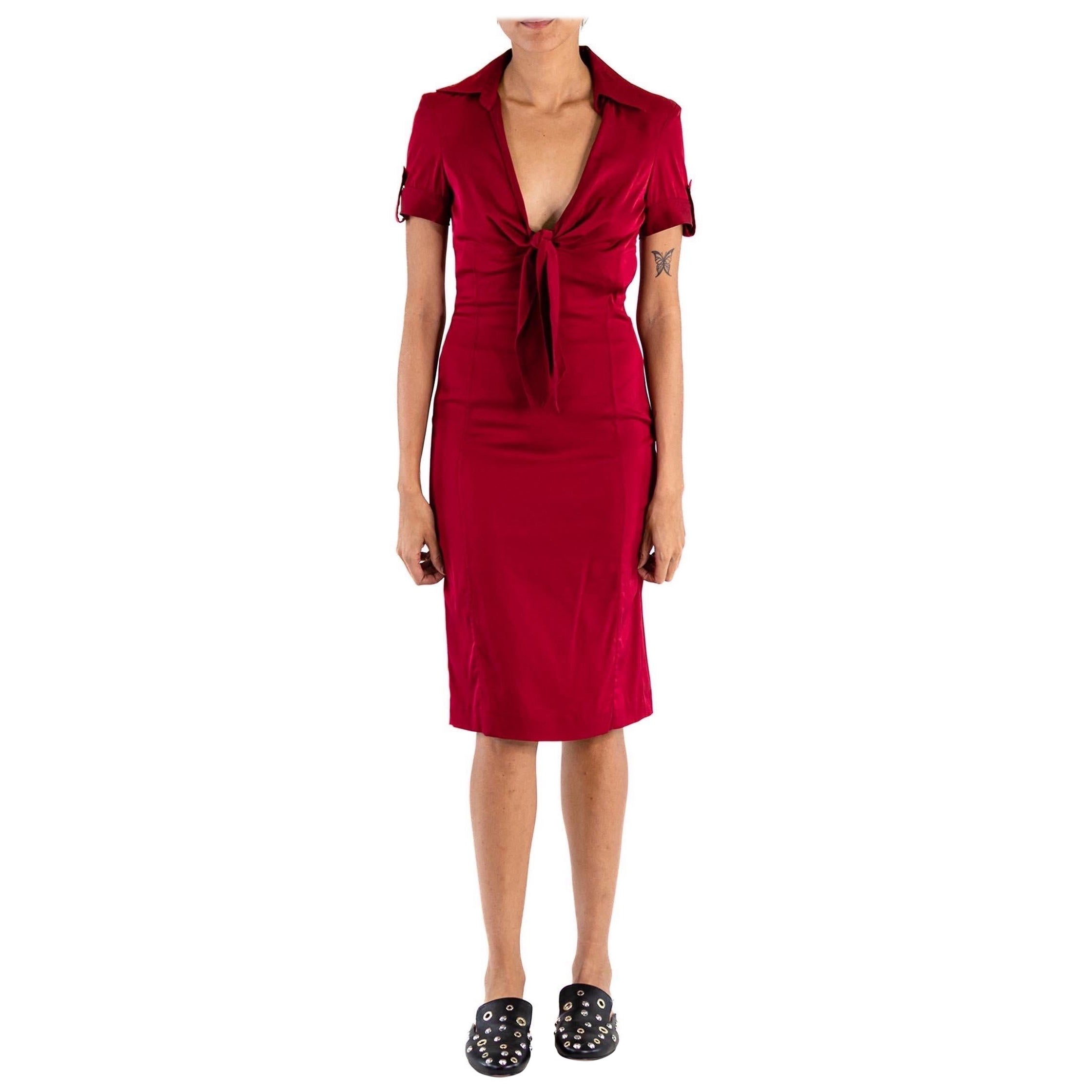 2000S GUCCI Burgundy Silk & Spandex Charmeuse Tie Front Dress For Sale
