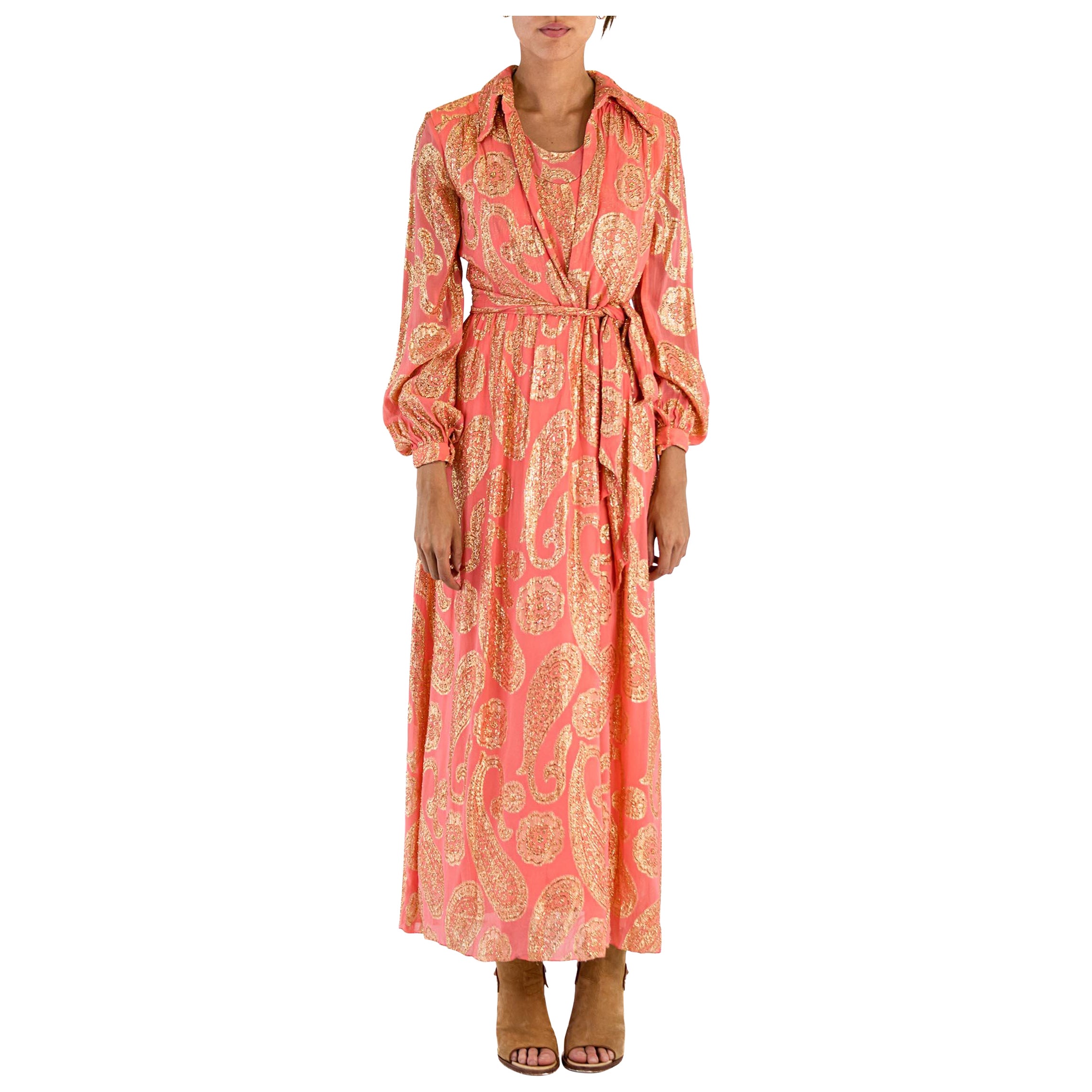 1970S CARRIE COUTURE Pink Gold Lamé Silk Fil Coupé Dress With Belt For Sale
