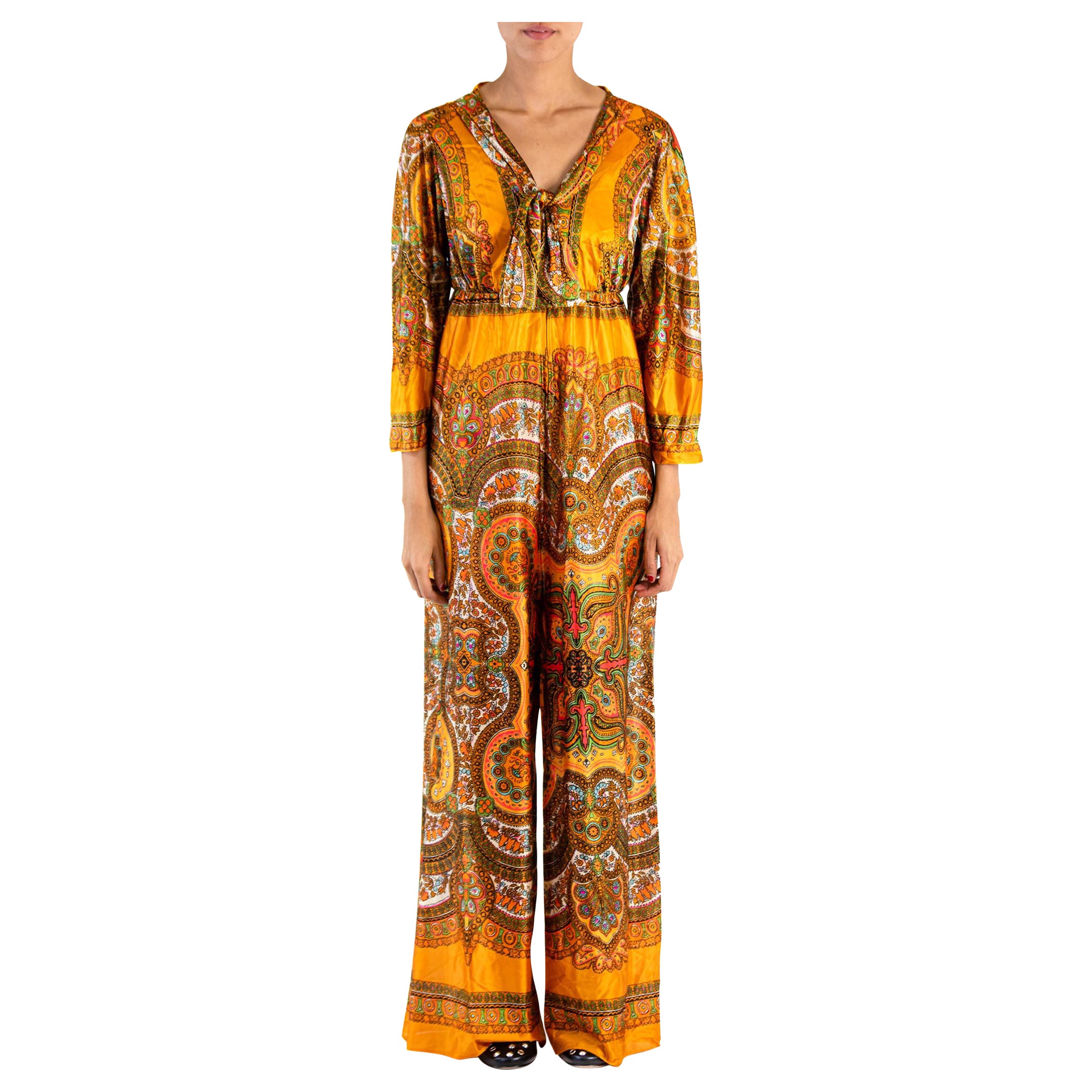 1970S Orange Silk Satin Paisley Psychedelic  Jumpsuit For Sale