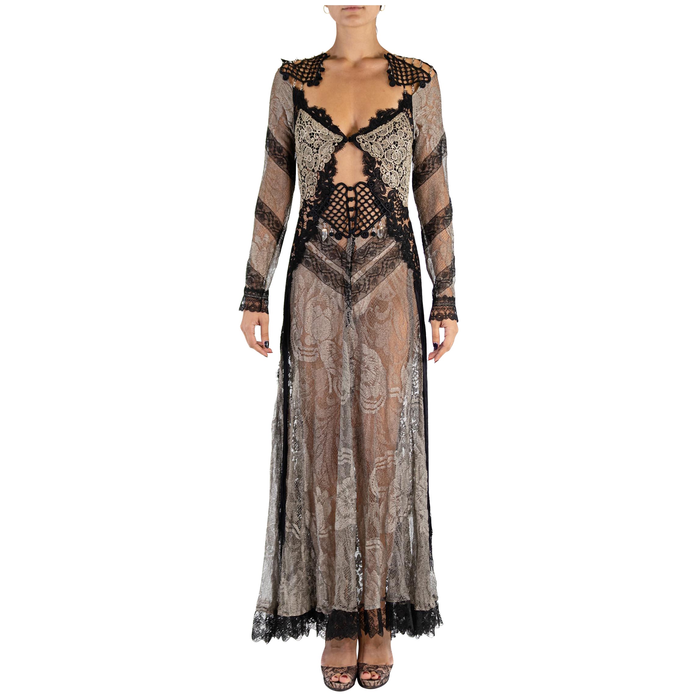 MORPHEW ATELIER Black & Silver Antique Lace Sleeved Gown With Quartz Crystals For Sale