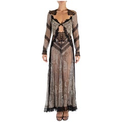 MORPHEW ATELIER Black & Silver Antique Lace Sleeved Gown With Quartz Crystals