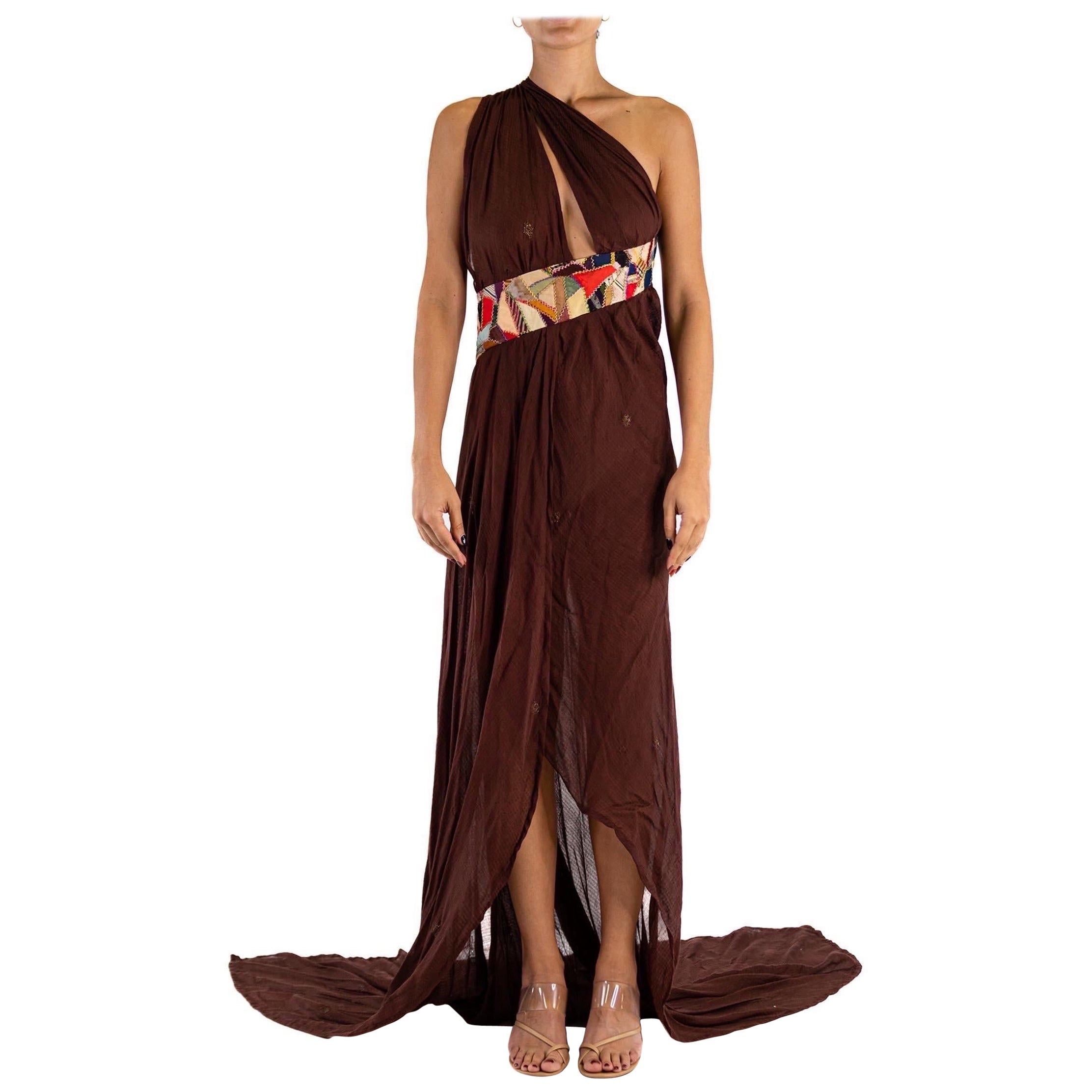 MORPHEW ATELIER Brown Chiffon Antique Sari Halter  Gown With Quilt Detail Stripe For Sale