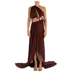 MORPHEW ATELIER Brown Chiffon Used Sari Halter  Gown With Quilt Detail Stripe