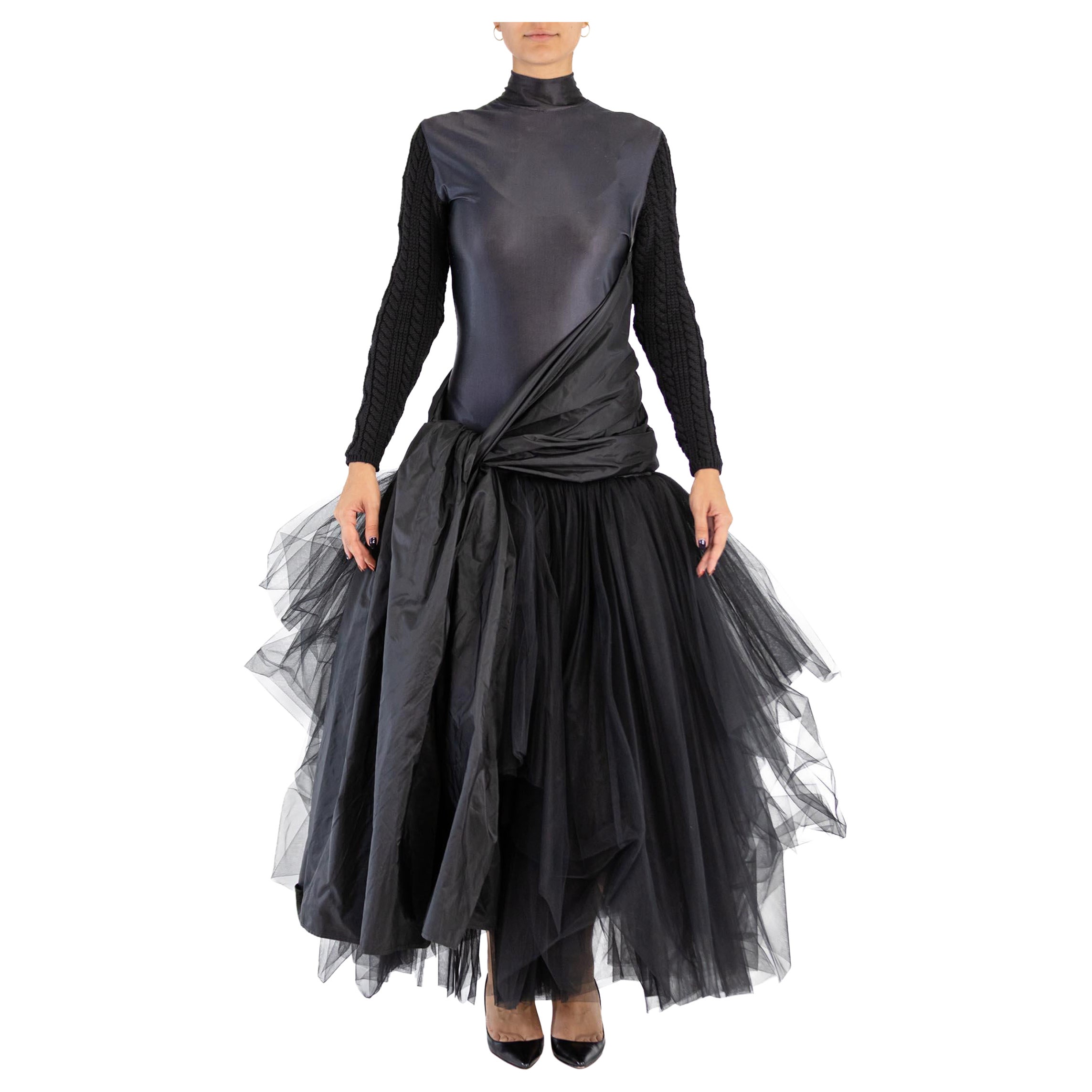2000S JEAN PAUL GAULTIER Black Silk Knit Sleeves & Tulle Skirt Gown For Sale