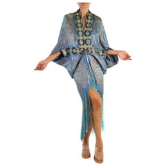 MORPHEW ATELIER Blue & Gold Metallic Silk Lamé Cocoon With Fringe And Silver Vi