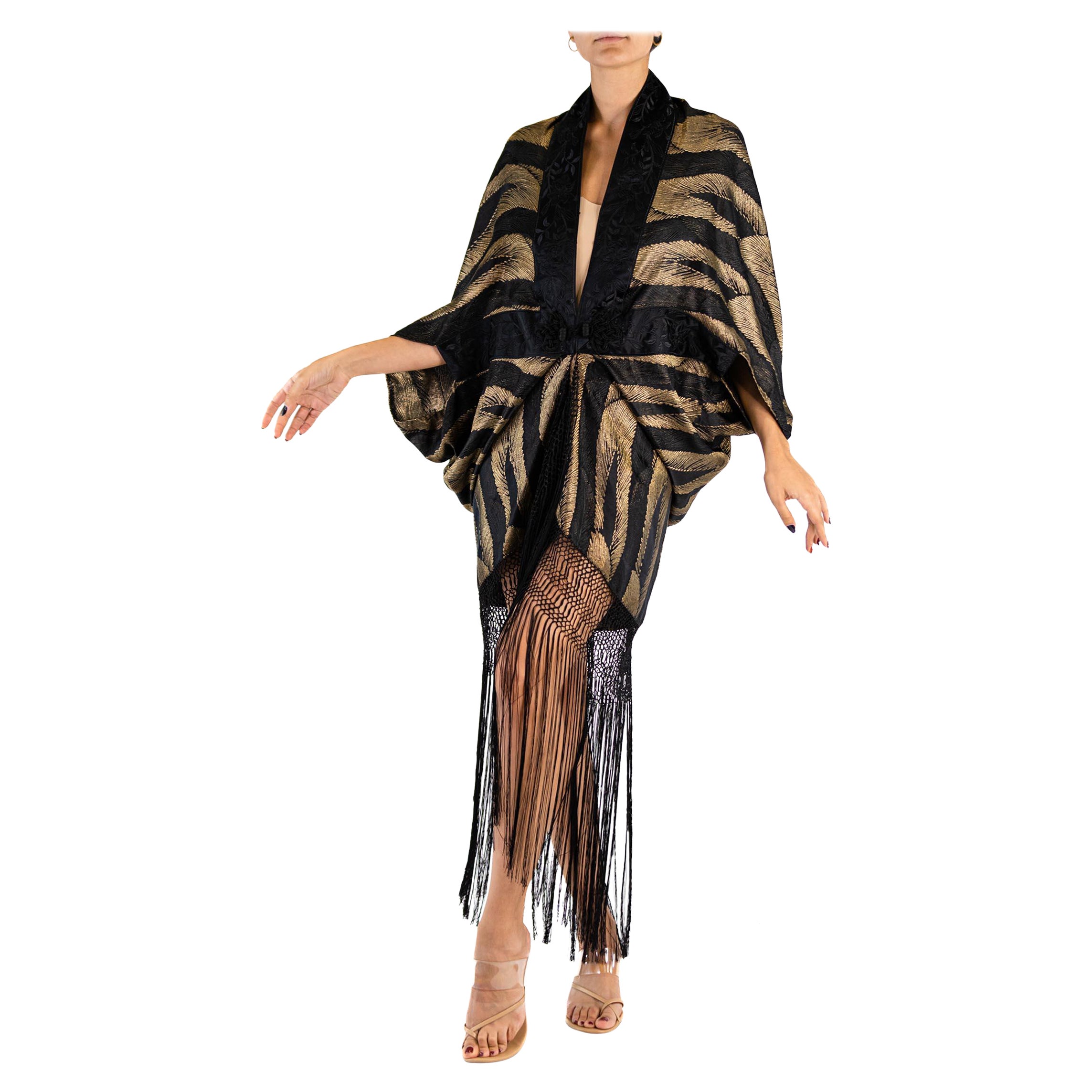 MORPHEW ATELIER Black & Gold Metallic Silk Lamé Cocoon With Fringe And Silver V For Sale
