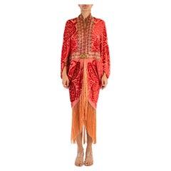 MORPHEW ATELIER Burnt Orange Metallic Silk Lamé Burnout Velvet Cocoon With Frin