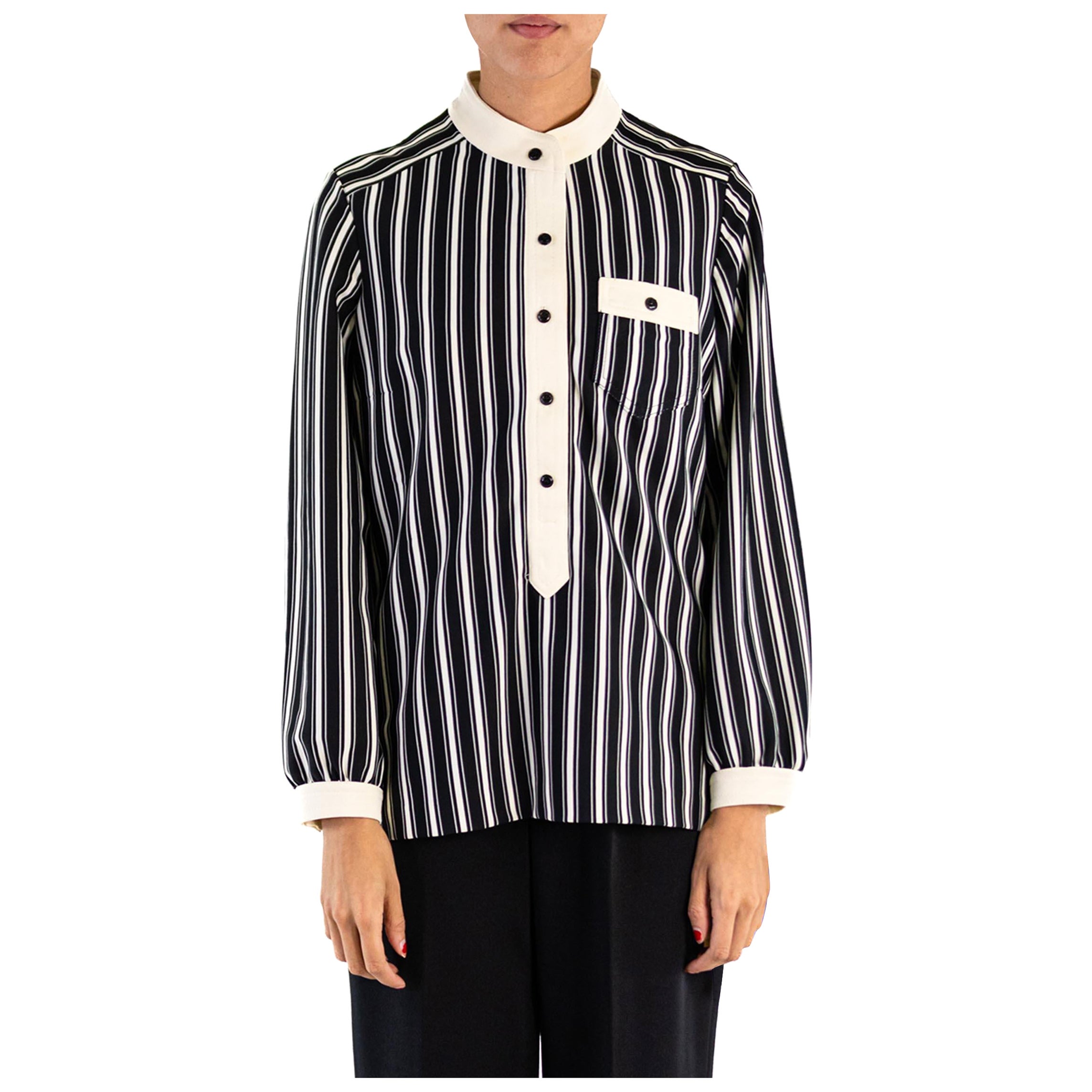 1960S Black & White Striped Polyester Double Knit Mod Shirt Pant Ensemble For Sale