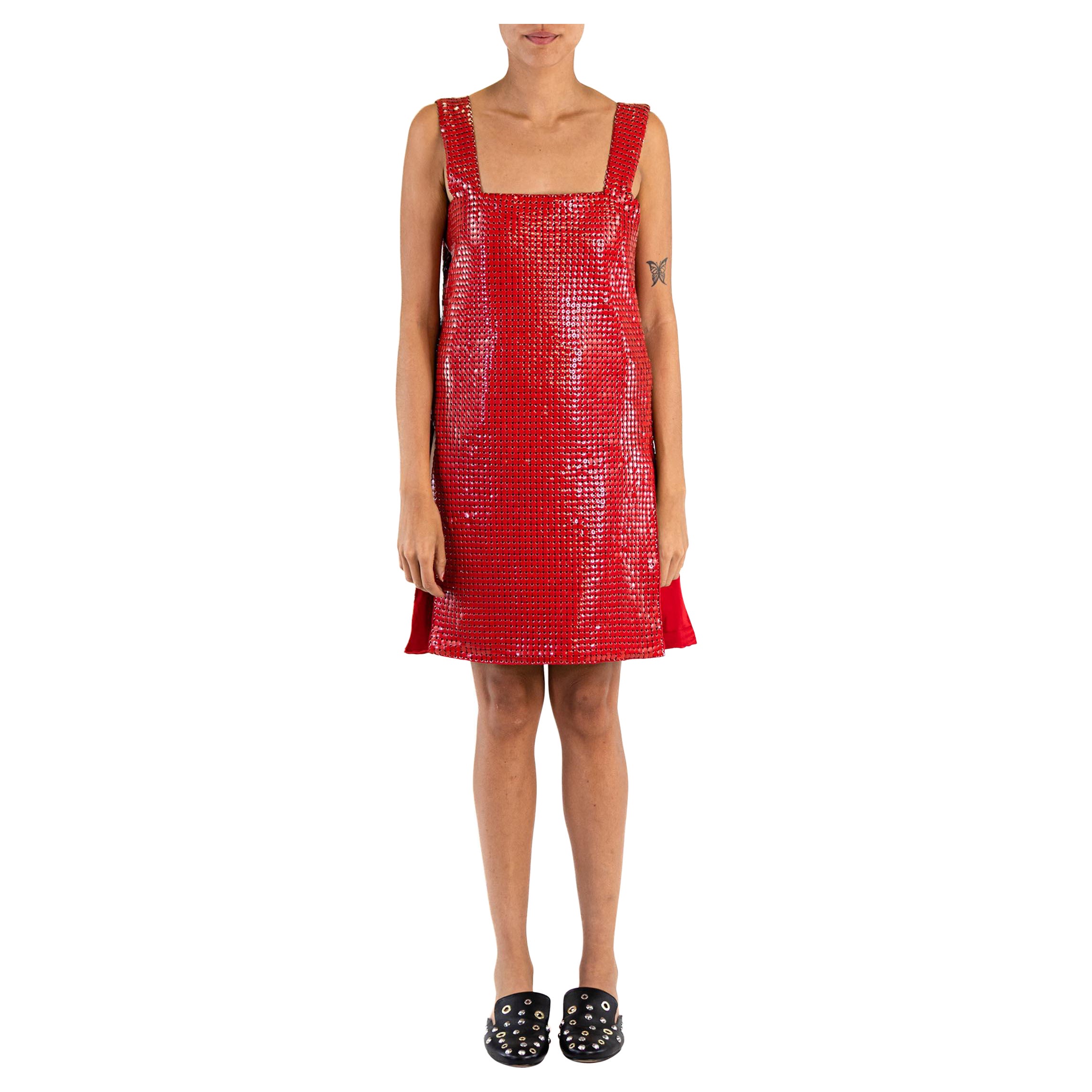 1960S Red Rare Metal Mesh Mod Dress For Sale