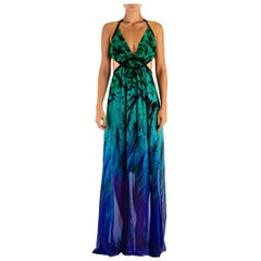 1990S ROBERTO CAVALLI Blue & Green Backless Polyester Chiffon Gown