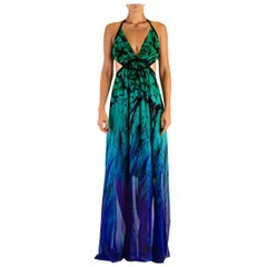 1990S ROBERTO CAVALLI Blaues & Grünes rückenfreies Polyester Chiffon Kleid