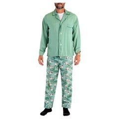 1940S Teal Rayon Solid Top And Hunting Dog Pants Pajamas Set