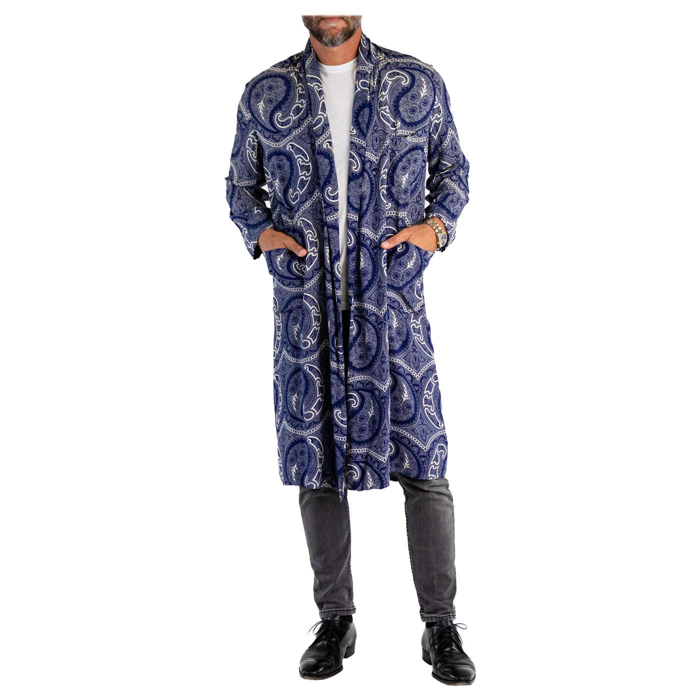 1940S Navy Blue Rayon Paisley Robe For Sale at 1stDibs