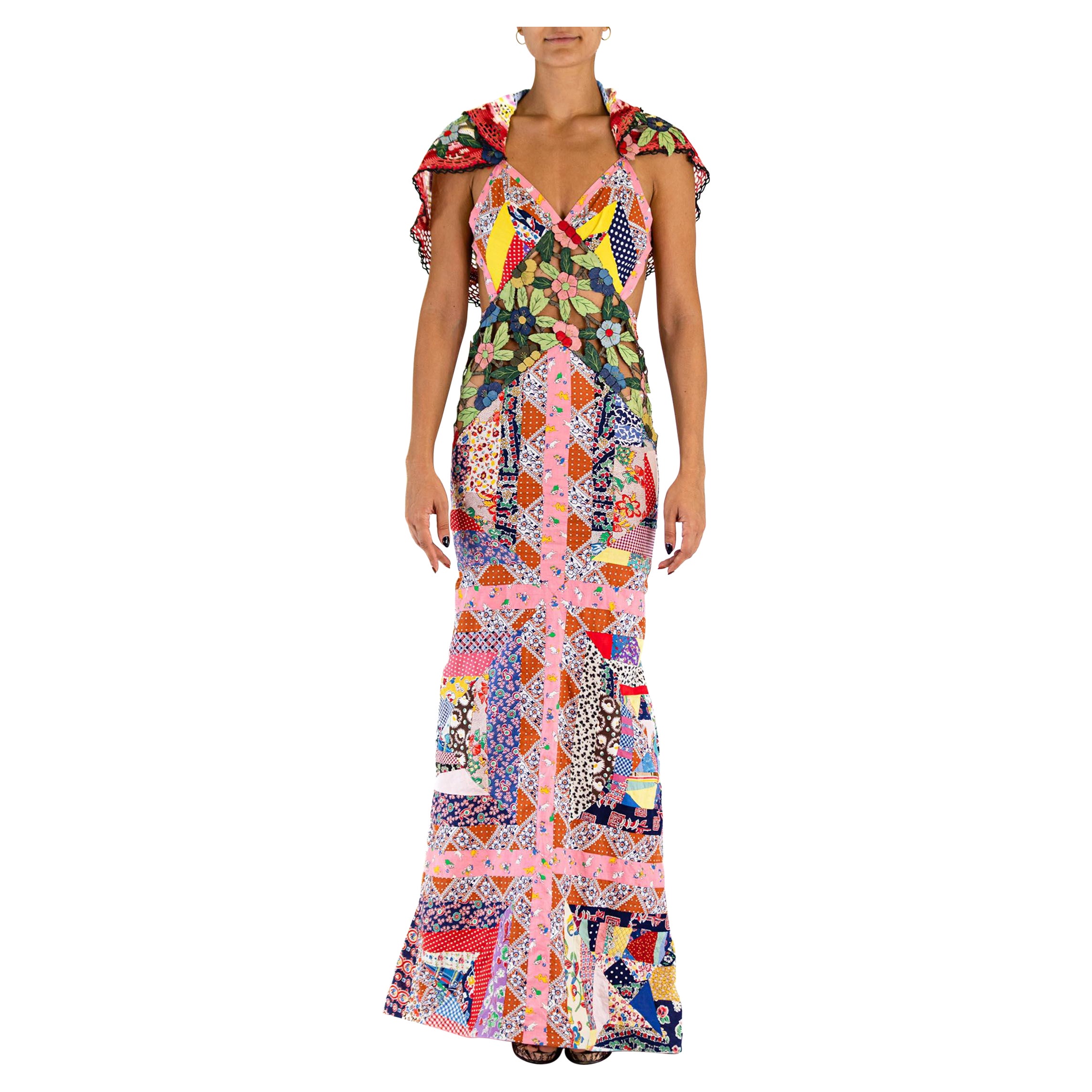 MORPHEW ATELIER Multicolor Silk & Cotton Floral Cut-Work Quilt Patchwork Gown W For Sale