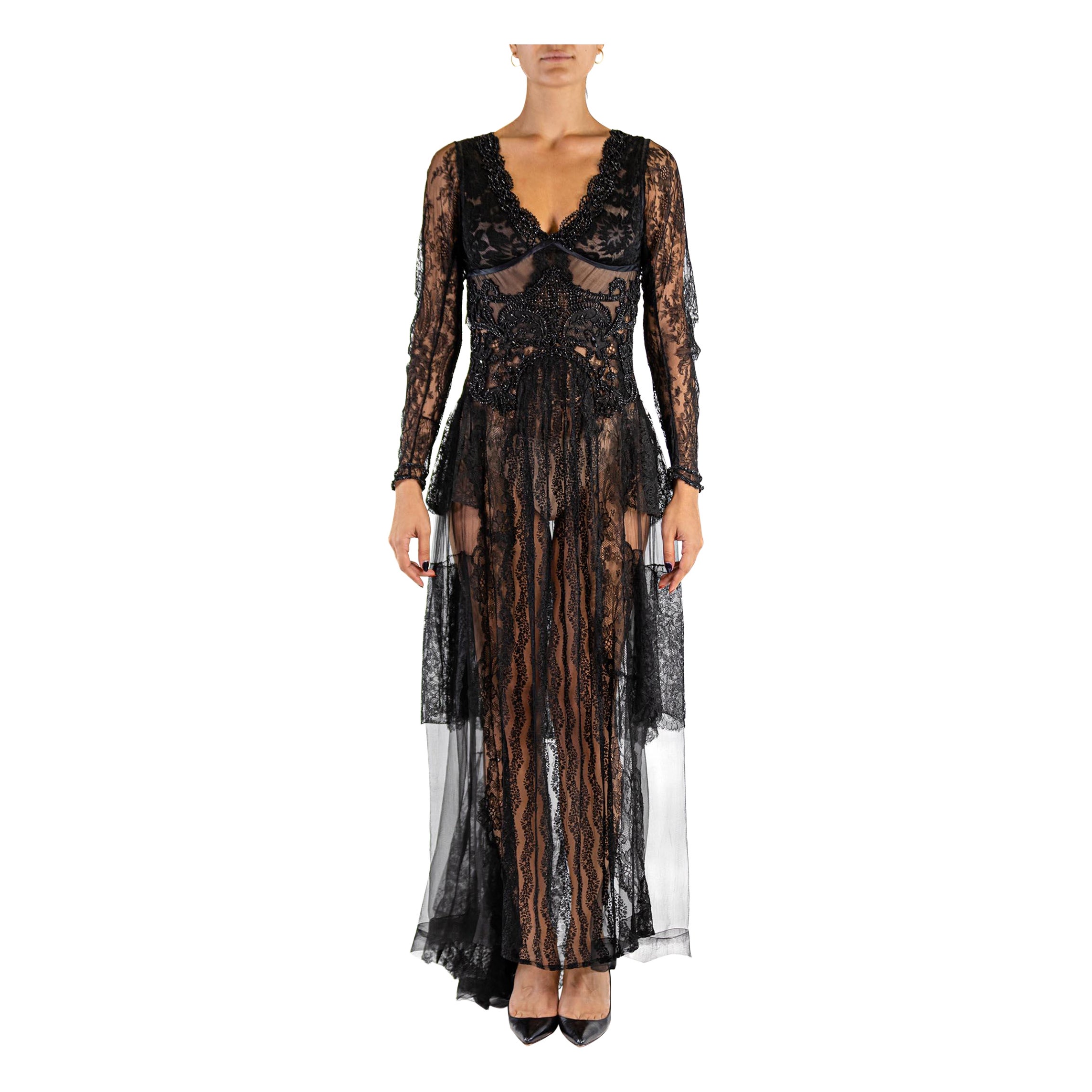 MORPHEW ATELIER Black Antique Lace Victorian Beadwork Gown For Sale