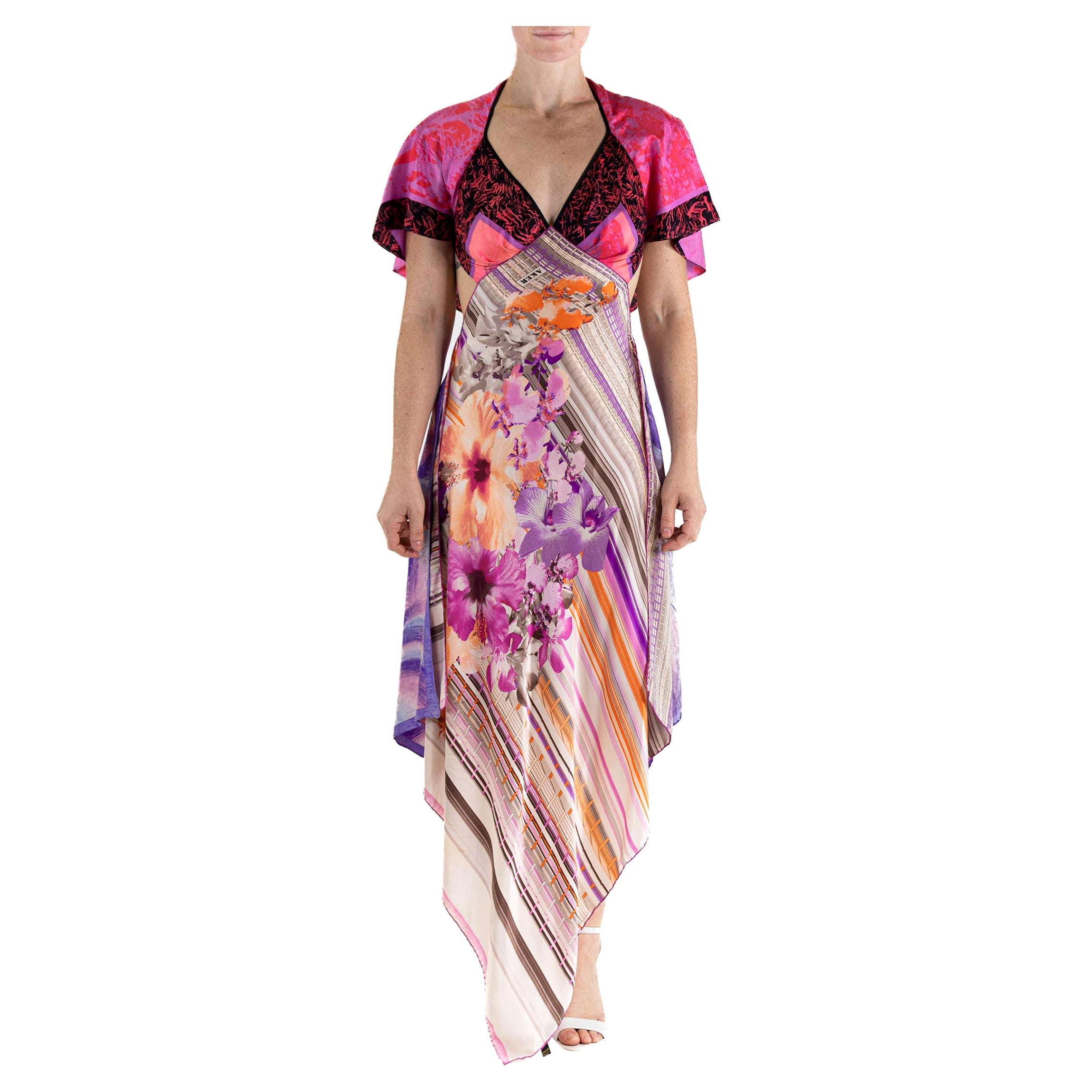 COLLECTION MORPHEW - Robe à 3 foulards en sergé de soie à fleurs violettes et roses, fabriquée à partir de Vinta en vente