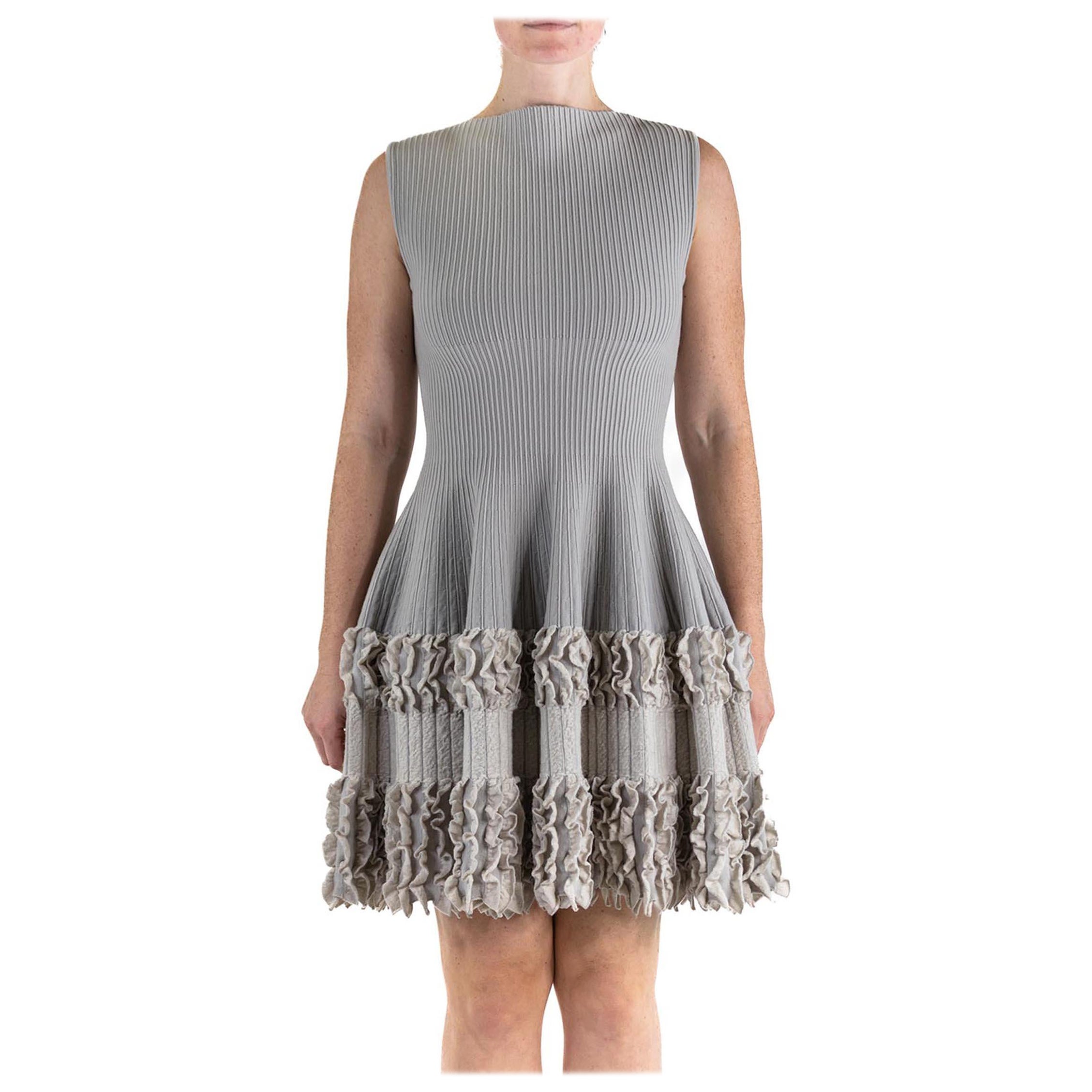 2000S AZZEDINE ALAIA Oyster Grey Wool Blend A Line  Dress With Knit Bottom Deta For Sale