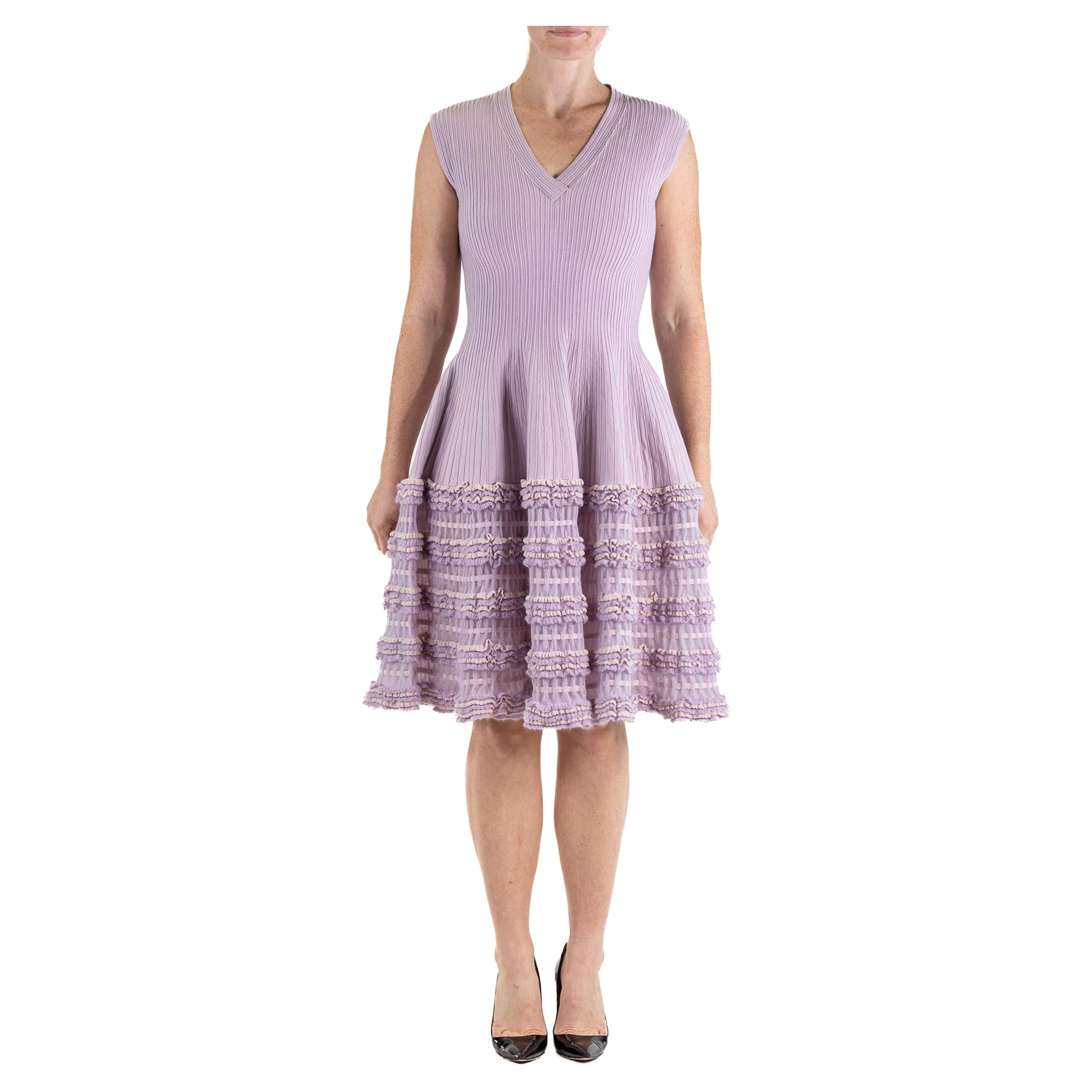 2000S AZZEDINE ALAIA Lilac Wool Blend V Neck A Line  Dress Knit Ruffle Trim For Sale