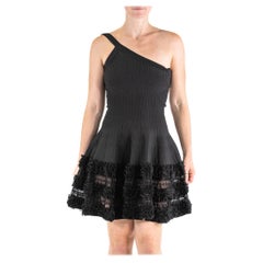 2000S AZZEDINE ALAIA Black Silk & Poly Asymmetrical Dress Crotchet Knit Bottom 