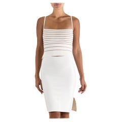 Retro 1990S HERVE LEGER White Rayon Blend Crop Top With Mesh Cutouts And Bandage Skir