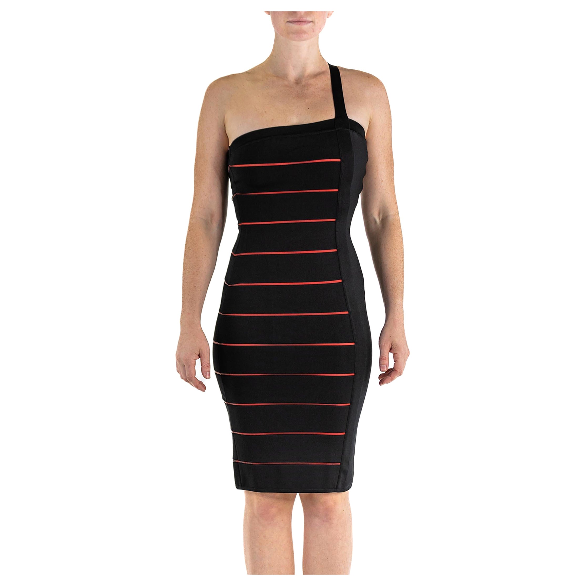 1990S HERVE LEGER Black & Red Rayon Blend Body-Con Cocktail Dress For Sale