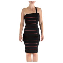 Vintage 1990S HERVE LEGER Black & Red Rayon Blend Body-Con Cocktail Dress