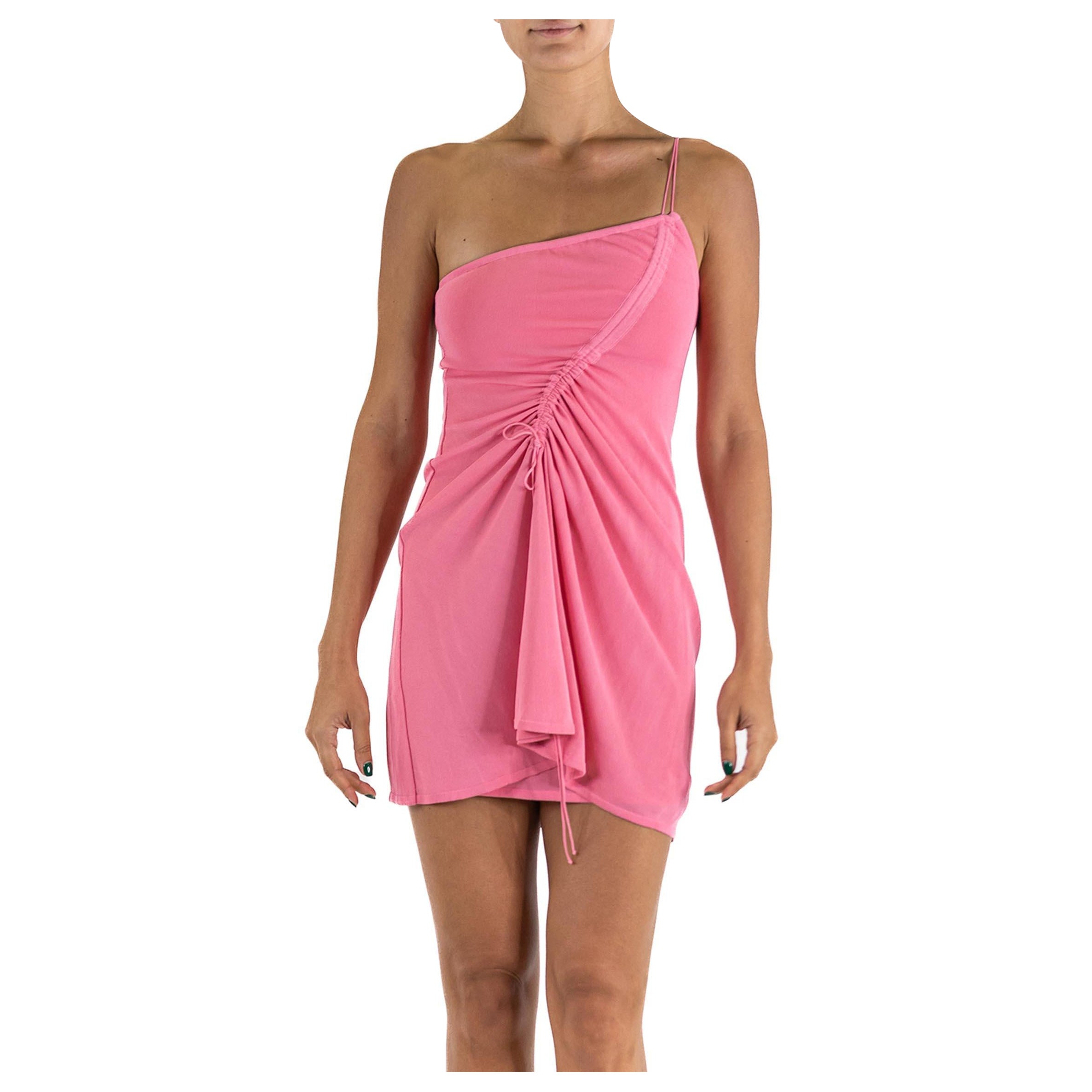 1990S HERVE LEGER Bubble Gum Pink Rayon Blend Jersey One Shoulder Cocktail Dress For Sale