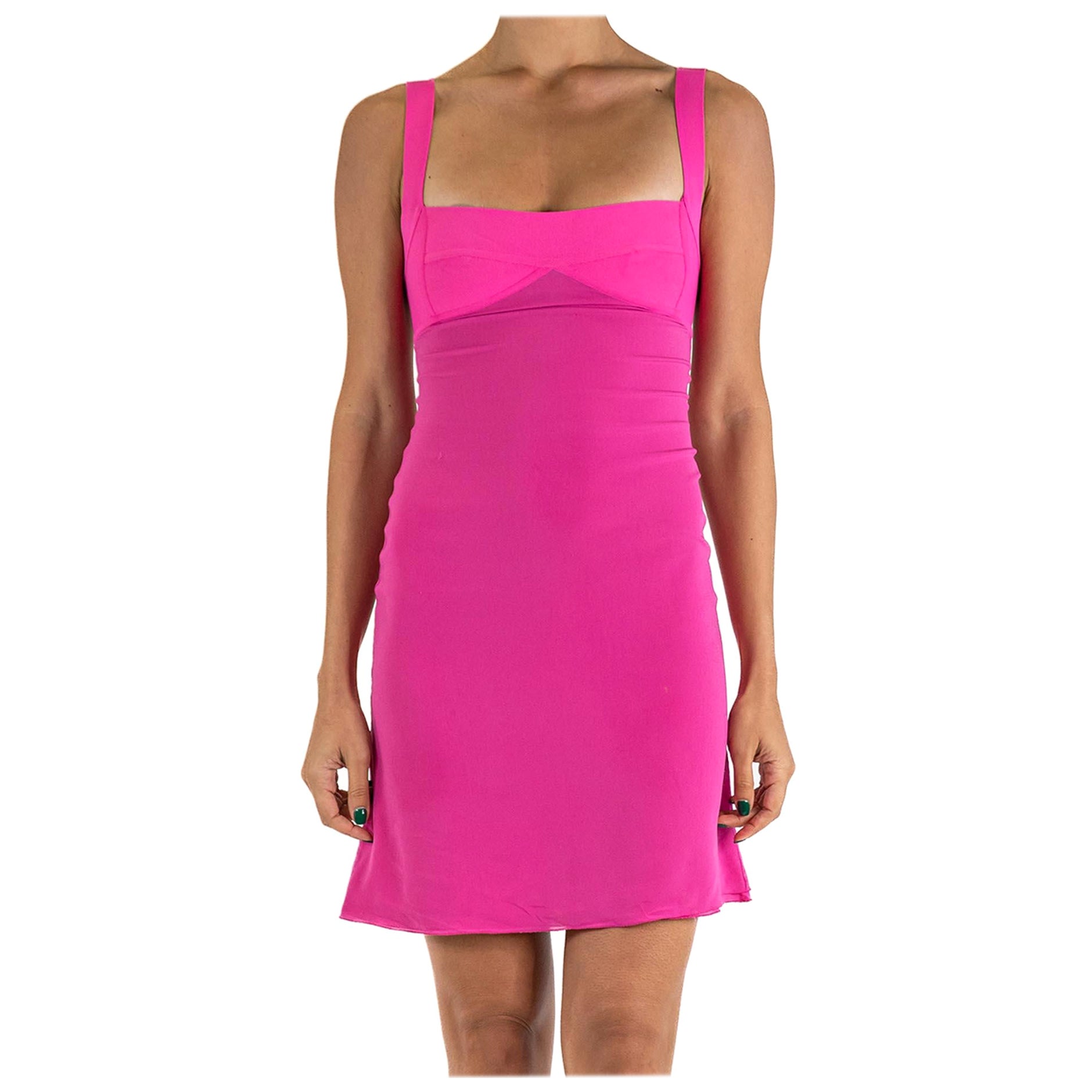 1990S HERVE LEGER Hot Pink Rayon & Silk Chiffon Baby Doll Empire Waist Cocktail For Sale