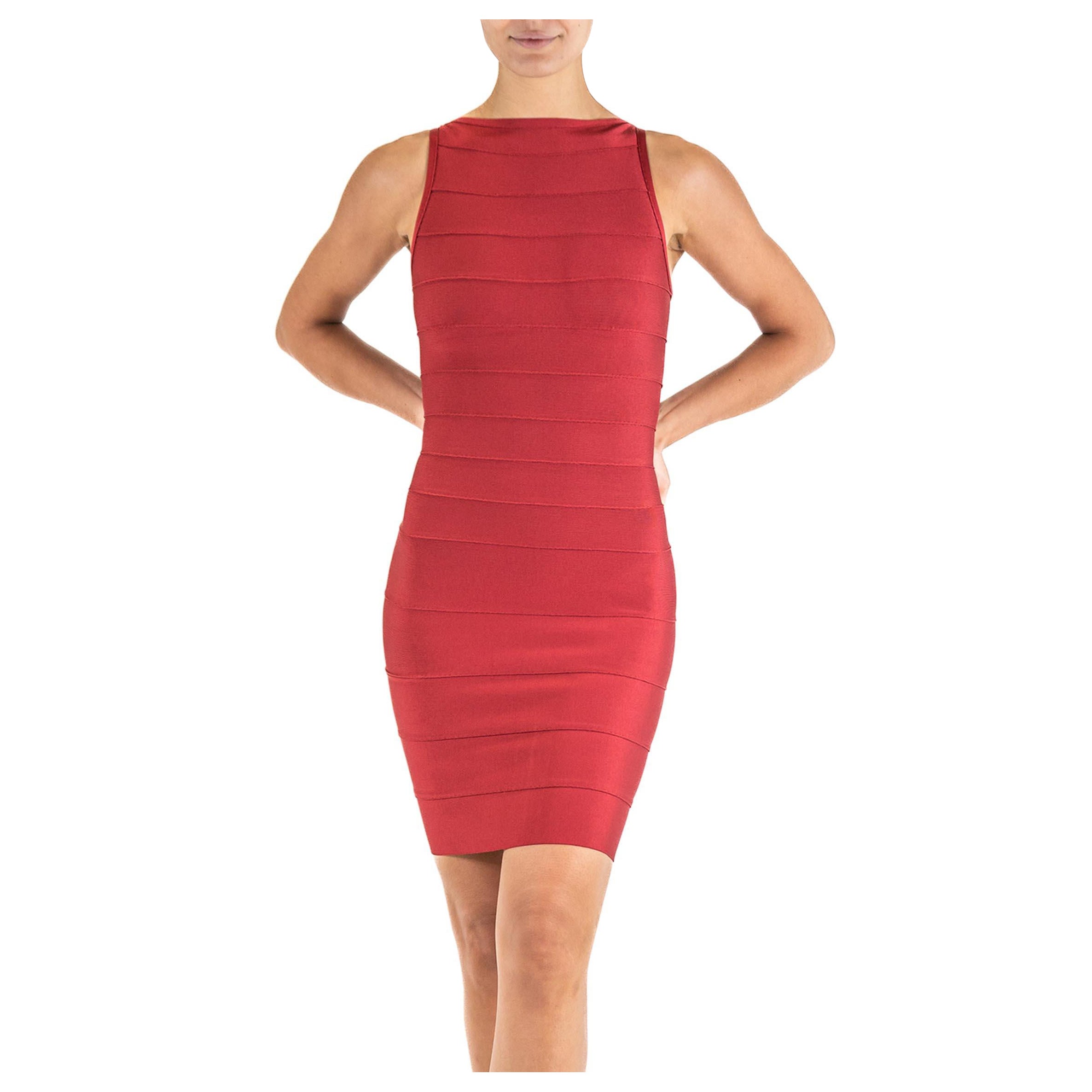 1990S HERVE LEGER Burgundy Haute Couture Rayon Blend High Neck Bandage Cocktail For Sale