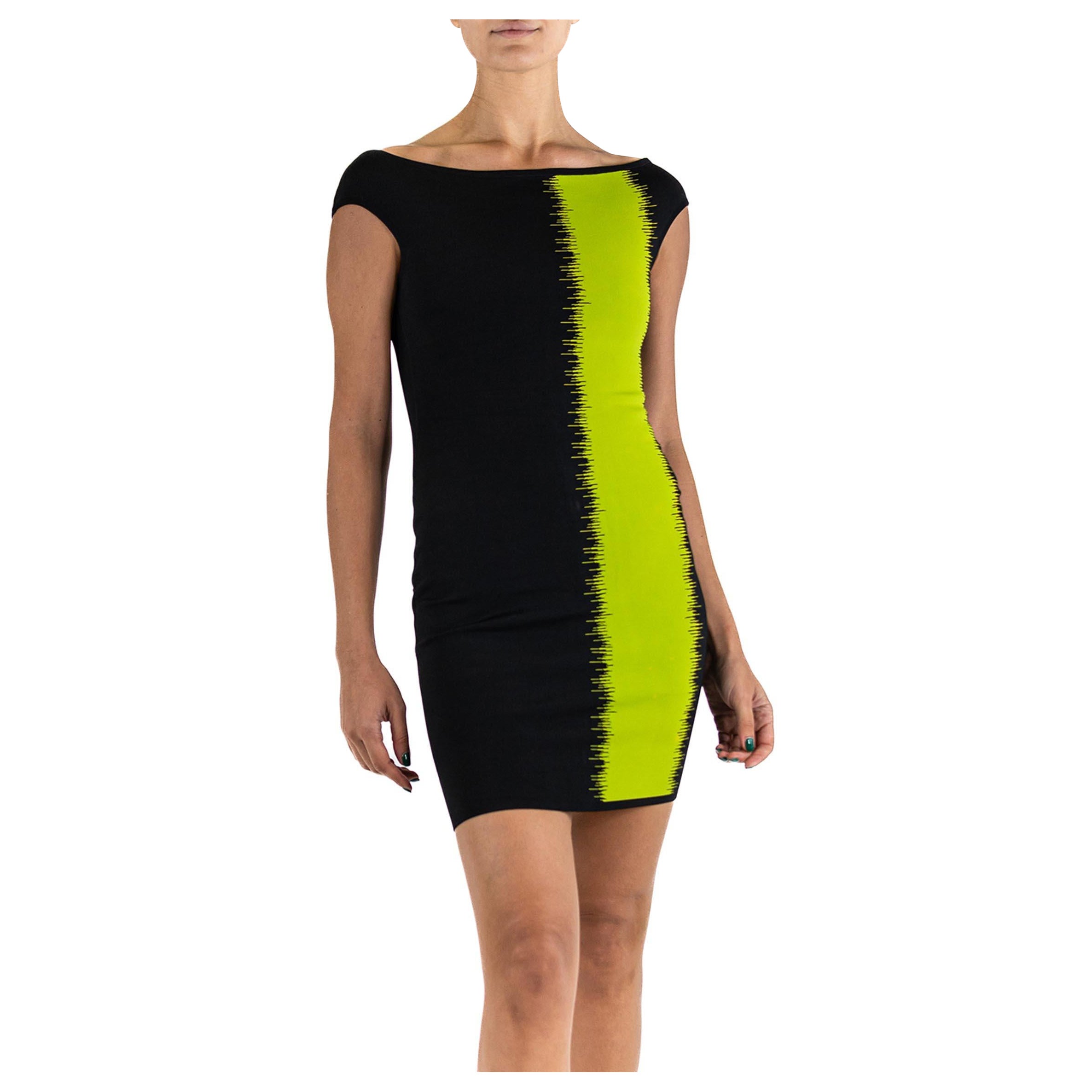 1990S HERVE LEGER Black & Green Rayon Blend Body-Con Cocktail Dress For Sale