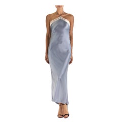 1990S CHLOE Silver Bias Cut Silk Charmeuse  Halter Gown With Lace Trim & Gallia