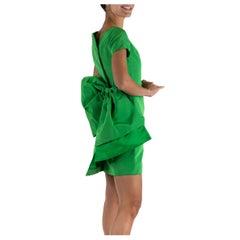 Retro 1990S ISAAC MIZRAHI Lime Green Silk Faille Cocktail Dress With Giant Bow Accent
