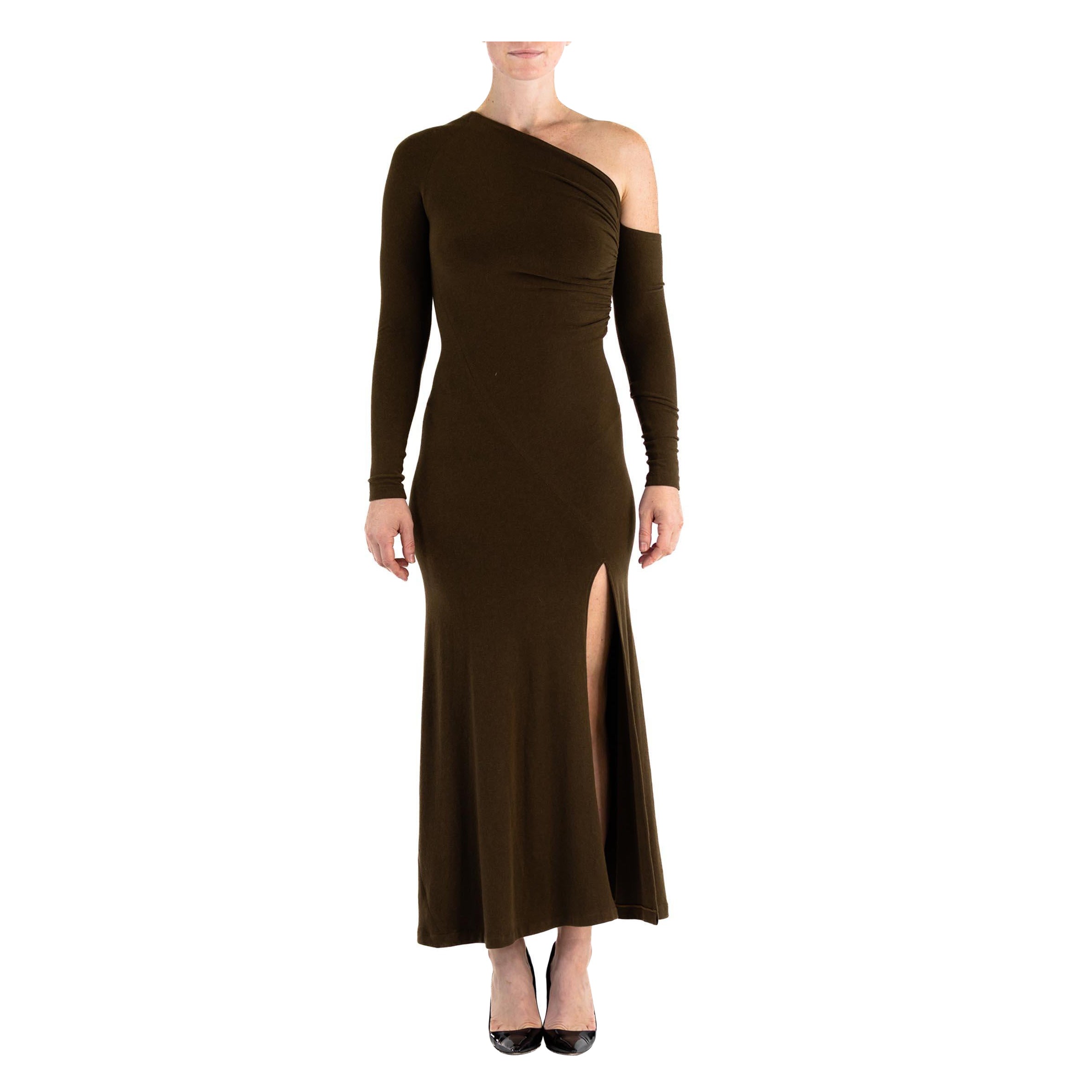 1990S DONNA KARAN Brown Rayon Blend Jersey Assymtetrical Neckline Ruched Gown W For Sale
