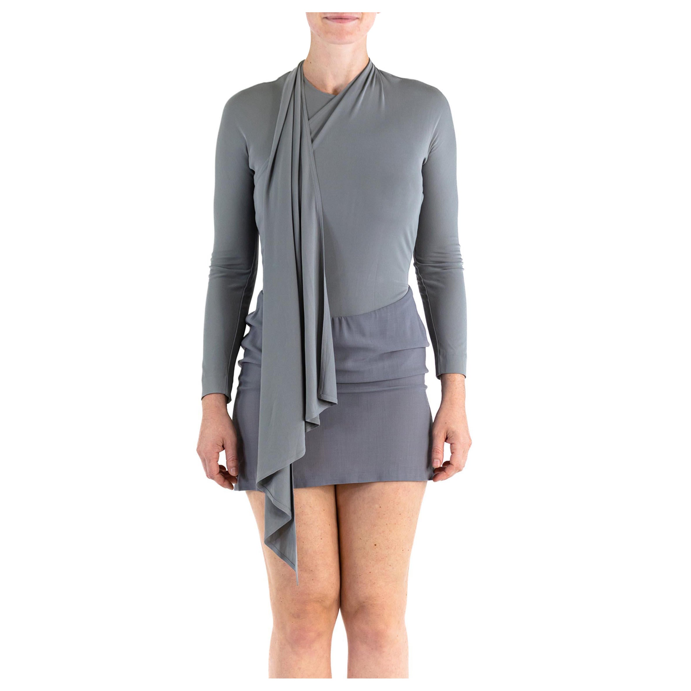 1980S DONNA KARAN Oyster Grey Rayon & Silk Jersey Draped Shoulder Mini Dress