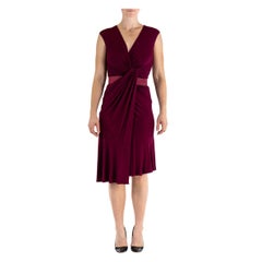 2000S DONNA KARAN Garnet Red Rayon Jersey Knot Front Ruched Dress With Belt