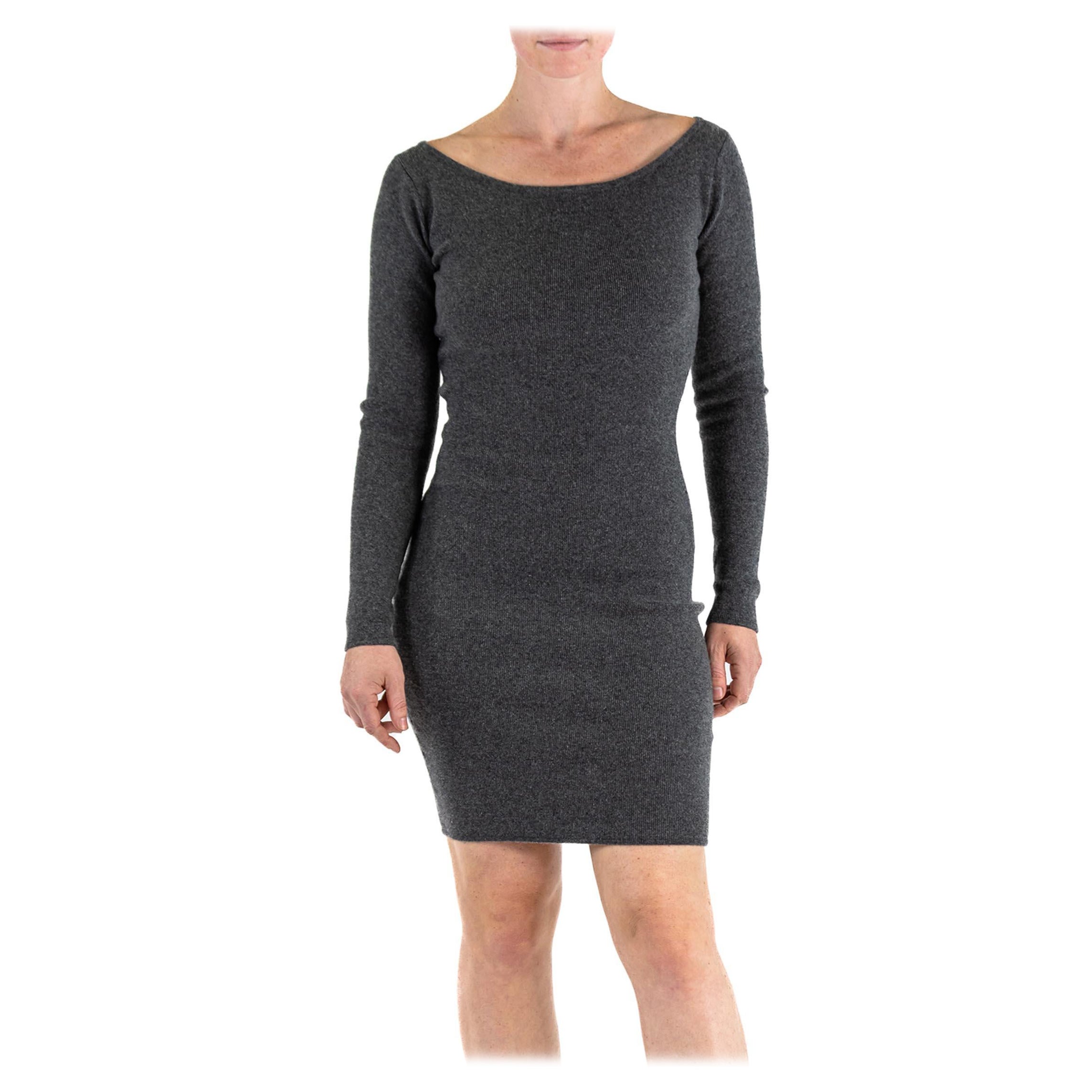 1980S DONNA KARAN Grey Wool Knit Body-Con Sweater Dress For Sale