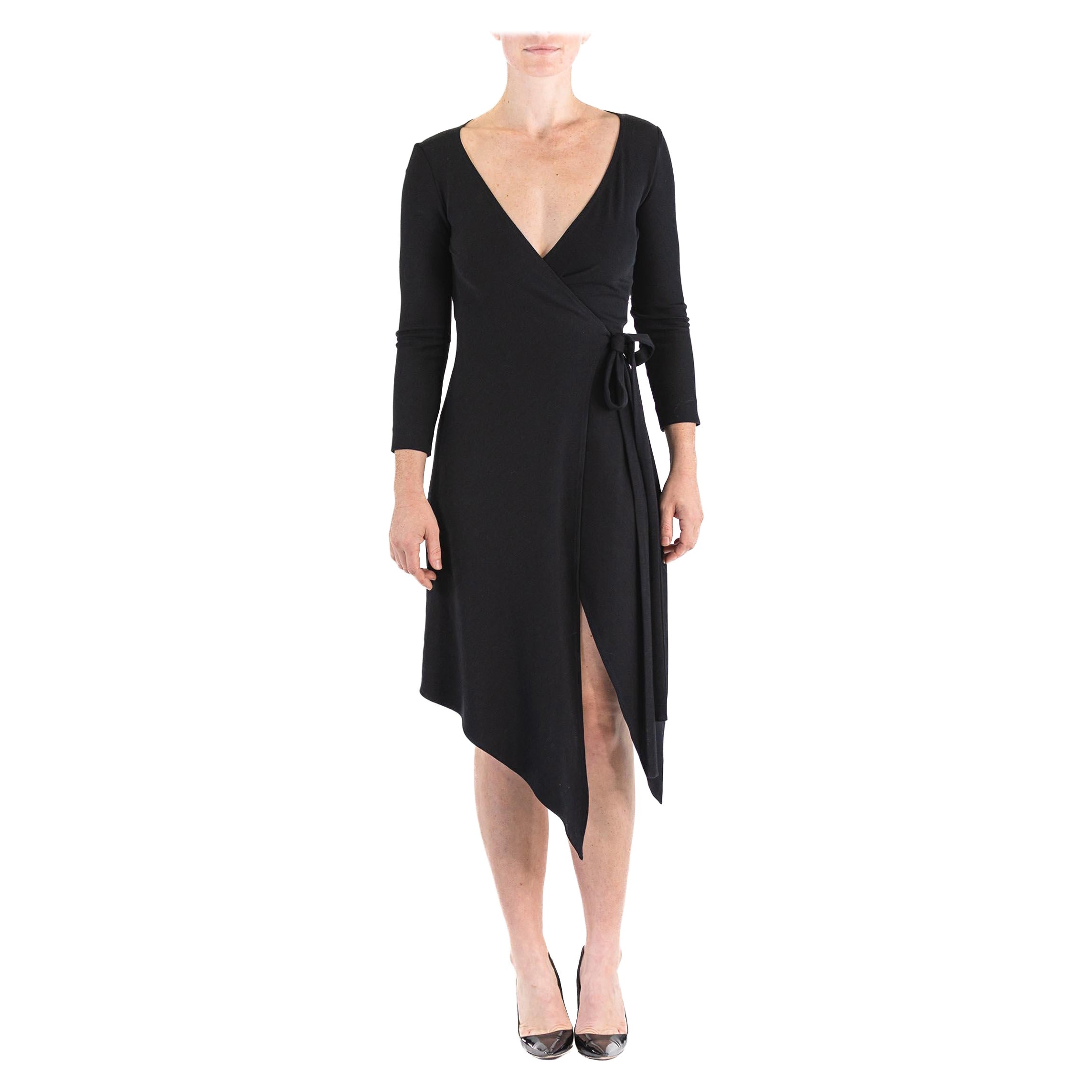 1980S DONNA KARAN Black Wool Knit Belted Wrap Dress For Sale