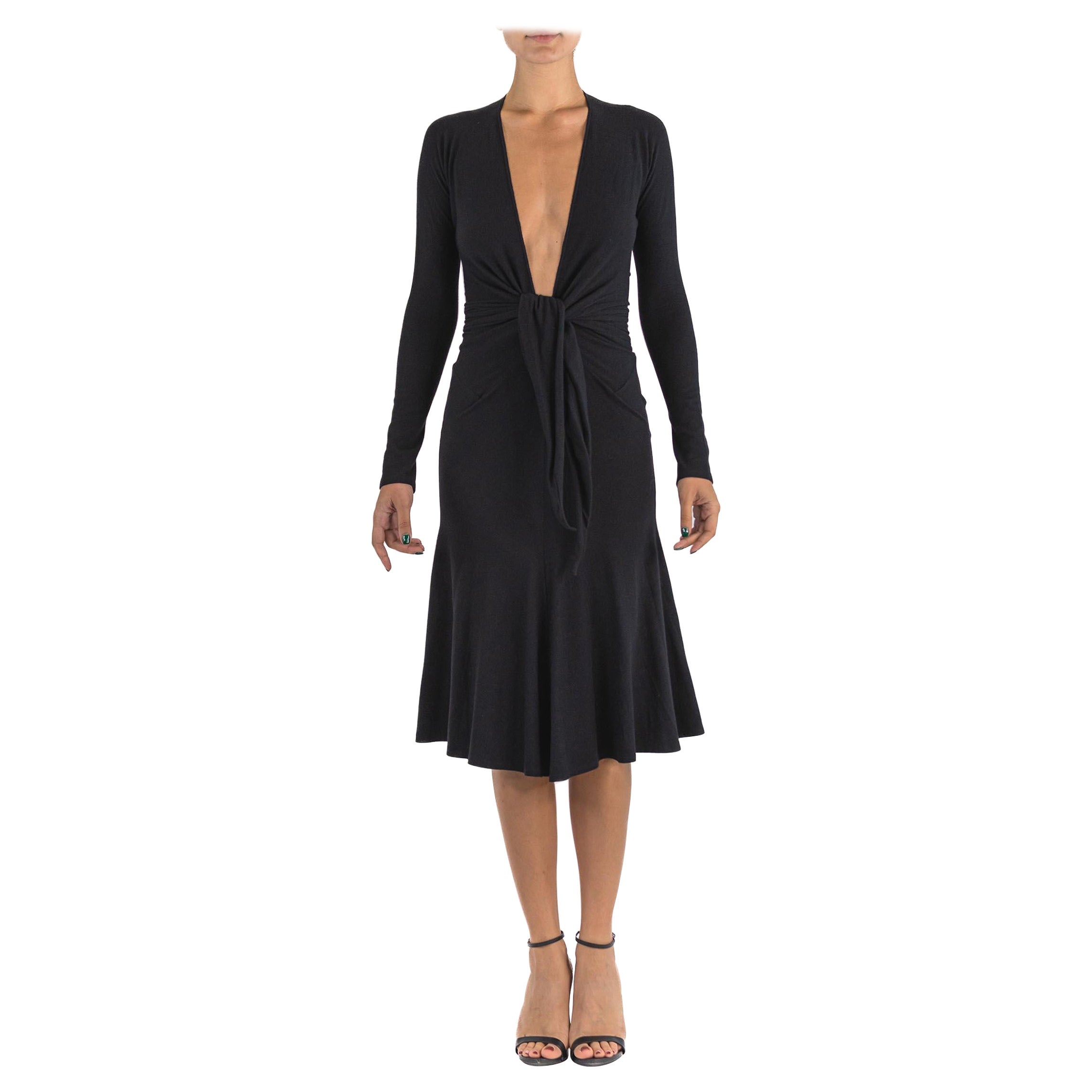 1990S DONNA KARAN Black Wool Jersey Deeep V Neckline Tie Front Dress With Sleev For Sale