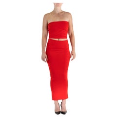 1990S DONNA KARAN Cherry Red Rayon Jersey Slip Skirt & Cami Ensemble