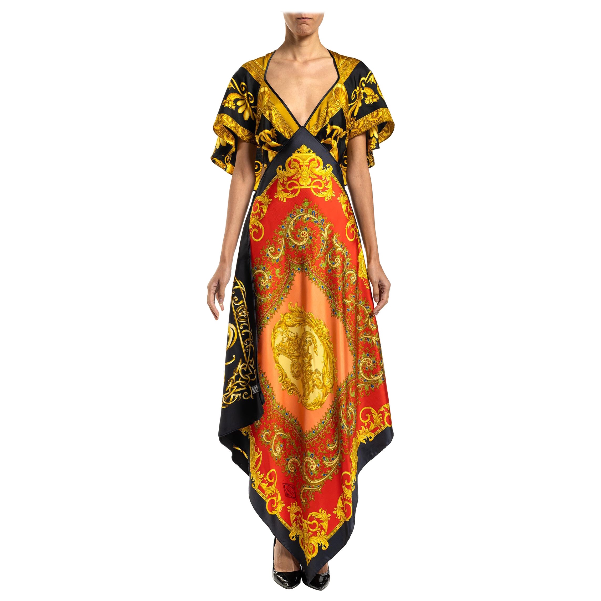 MORPHEW COLLECTION Red, Gold & Black Status Print Silk VERSACE 3-Scarf Dress For Sale