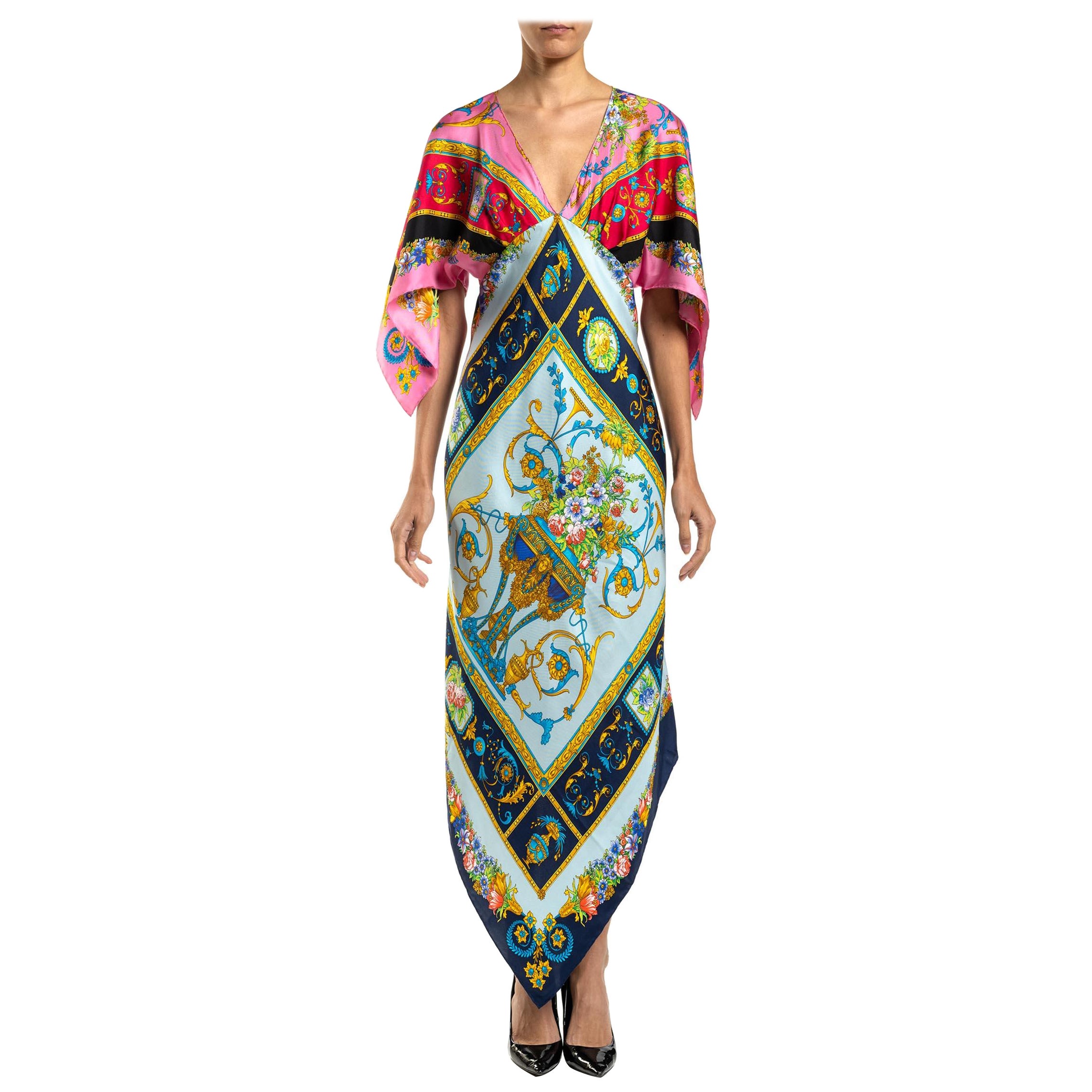MORPHEW COLLECTION Pink and Blue Status Print Silk Floral VERSACE 2-Scarf  Dress For Sale at 1stDibs
