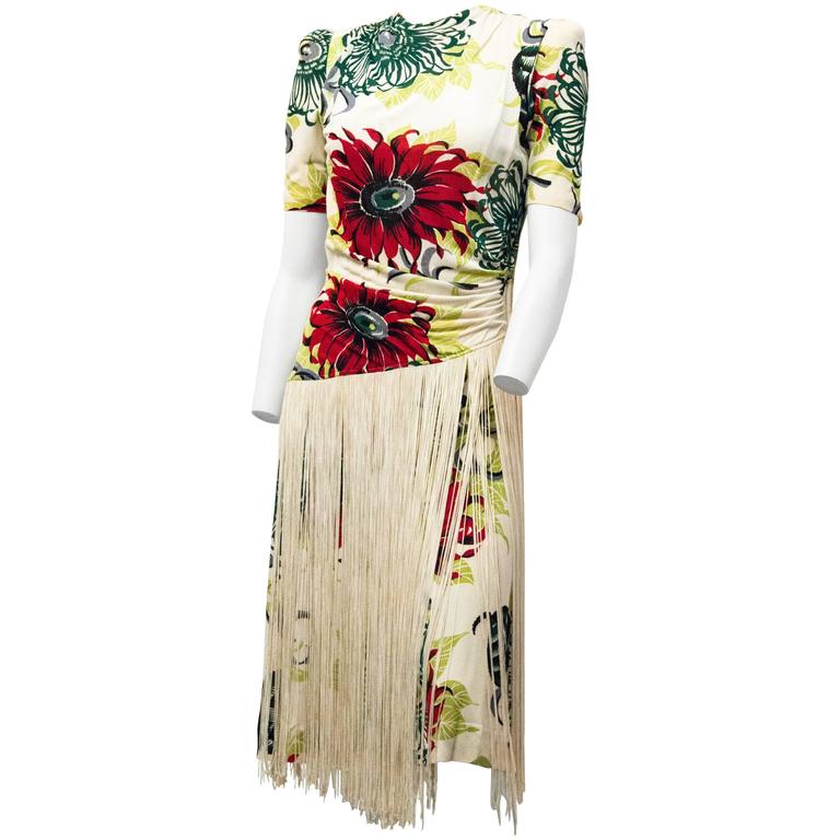 40s Floral Printed Tiki Dress with Fringe Adorned Skirt For Sale at 1stDibs