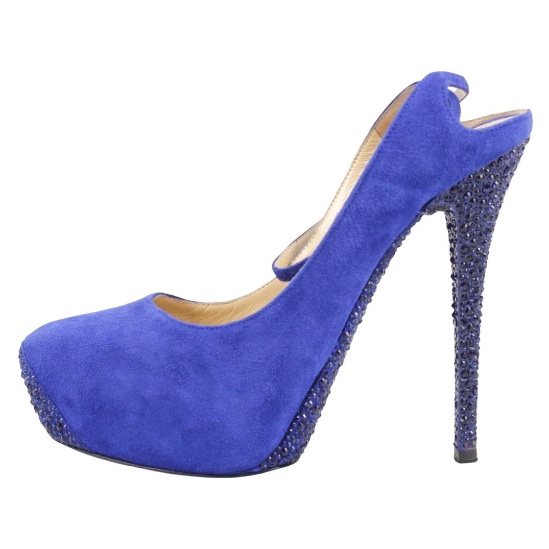 Womens Designer JIMMY CHOO 122 TAME BLUE SUEDE CRYSTAL HEELS For Sale