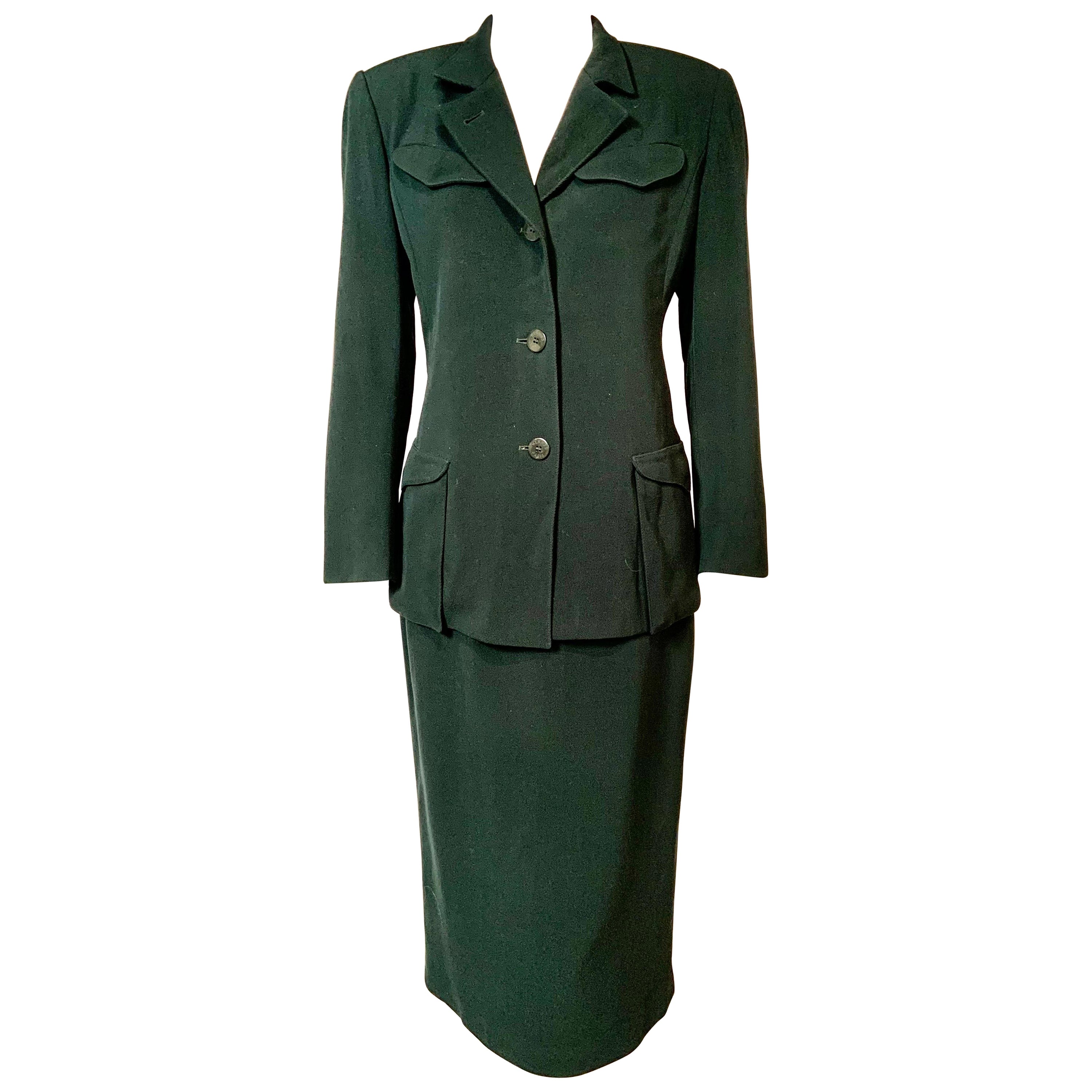 Hermes, Paris Vintage Bottle Green Wool Midi Skirt Suit For Sale