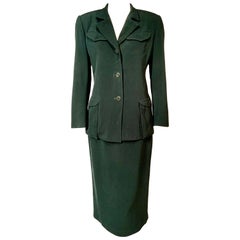 Hermes, Paris Vintage Bottle Green Wool Midi Skirt Suit