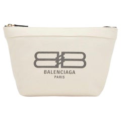 New Balenciaga White BB Logo Print Small Jumbo Canvas Clutch Pouch Bag